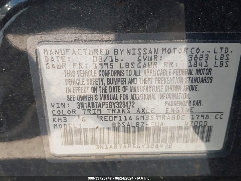 2016 Nissan Sentra S VIN: 3N1AB7AP5GY328472 Lot: 39723747