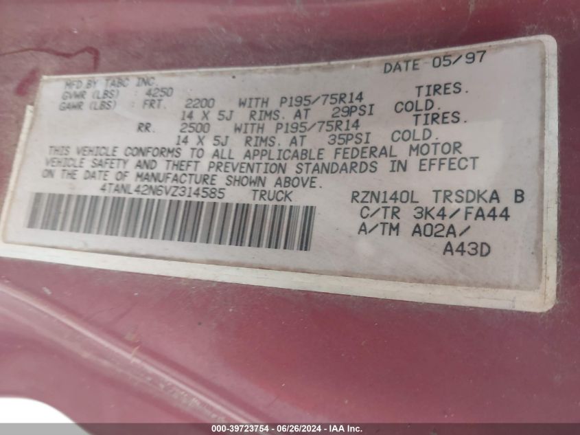 1997 Toyota Tacoma VIN: 4TANL42N6VZ314585 Lot: 39723754