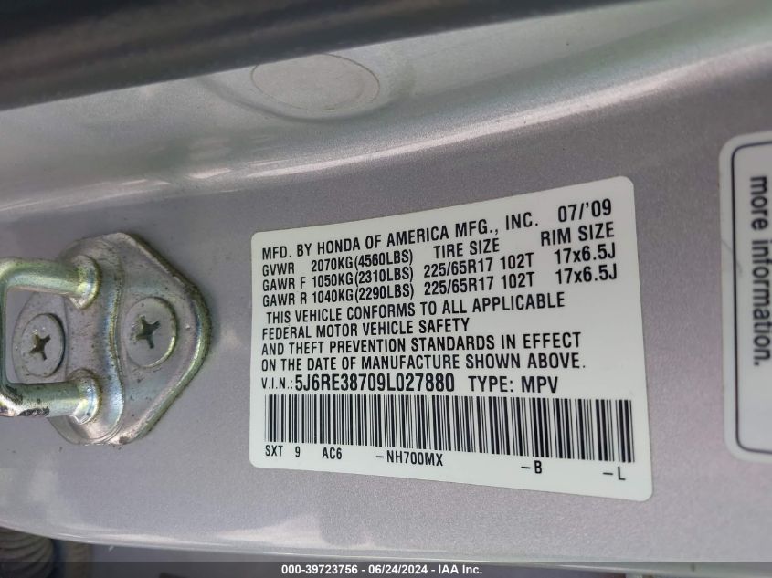 2009 Honda Cr-V Ex-L VIN: 5J6RE38709L027880 Lot: 39723756