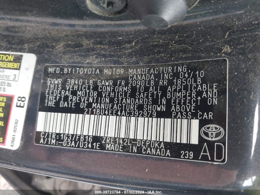 2010 Toyota Corolla VIN: 2T1BU4EE4AC392979 Lot: 39723764