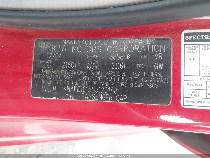 2005 Kia Spectra5 VIN: KNAFE161555120188 Lot: 39723767