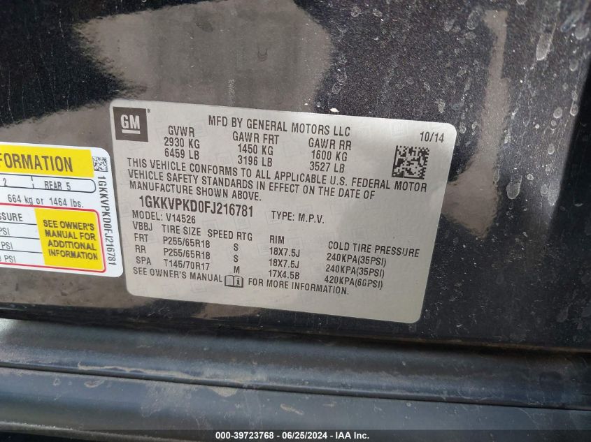 1GKKVPKD0FJ216781 2015 GMC Acadia Sle-2