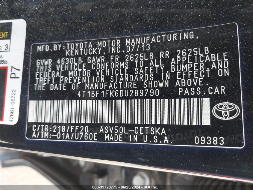 2013 Toyota Camry L/Se/Le/Xle VIN: 4T1BF1FK6DU289790 Lot: 39723775