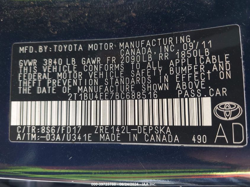 2011 Toyota Corolla S VIN: 2T1BU4EE7BC688516 Lot: 39723788