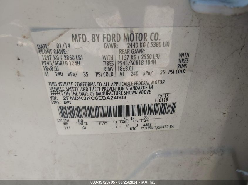 2014 Ford Edge Limited VIN: 2FMDK3KC6EBA24003 Lot: 39723795