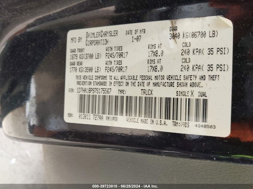 2007 Dodge Ram 1500 St/Slt VIN: 1D7HA18P97S175567 Lot: 39723810