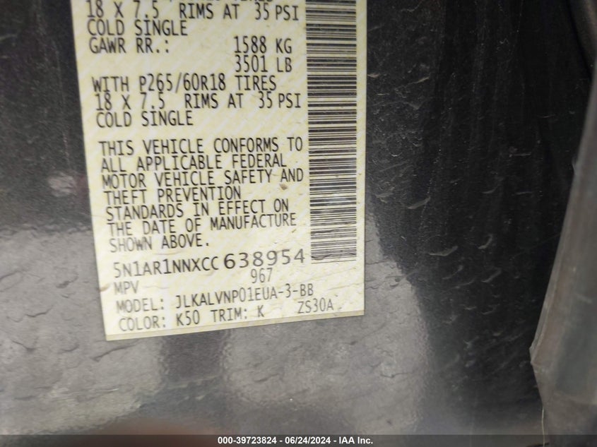 2012 Nissan Pathfinder Le VIN: 5N1AR1NNXCC638954 Lot: 39723824