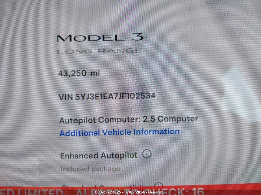 2018 Tesla Model 3 VIN: 5YJ3E1EA7JF102534 Lot: 39723825