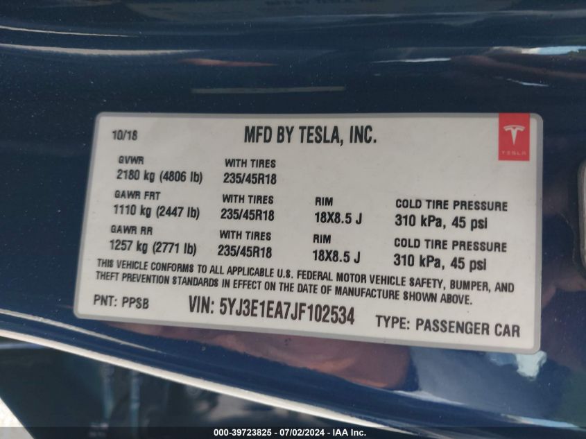 2018 TESLA MODEL 3 - 5YJ3E1EA7JF102534