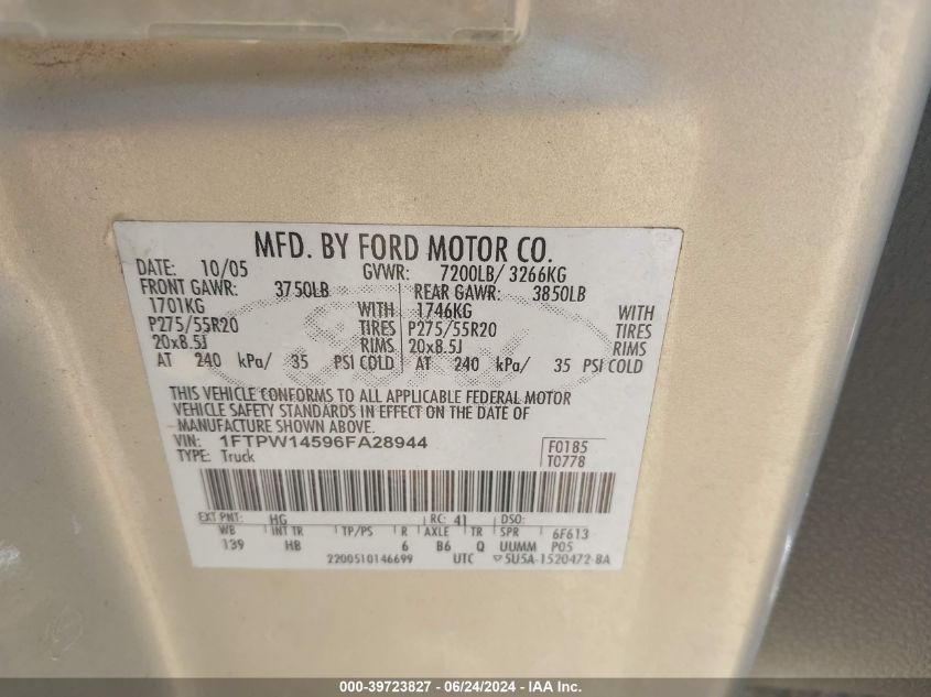 2006 Ford F-150 Fx4/Lariat/Xlt VIN: 1FTPW14596FA28944 Lot: 39723827