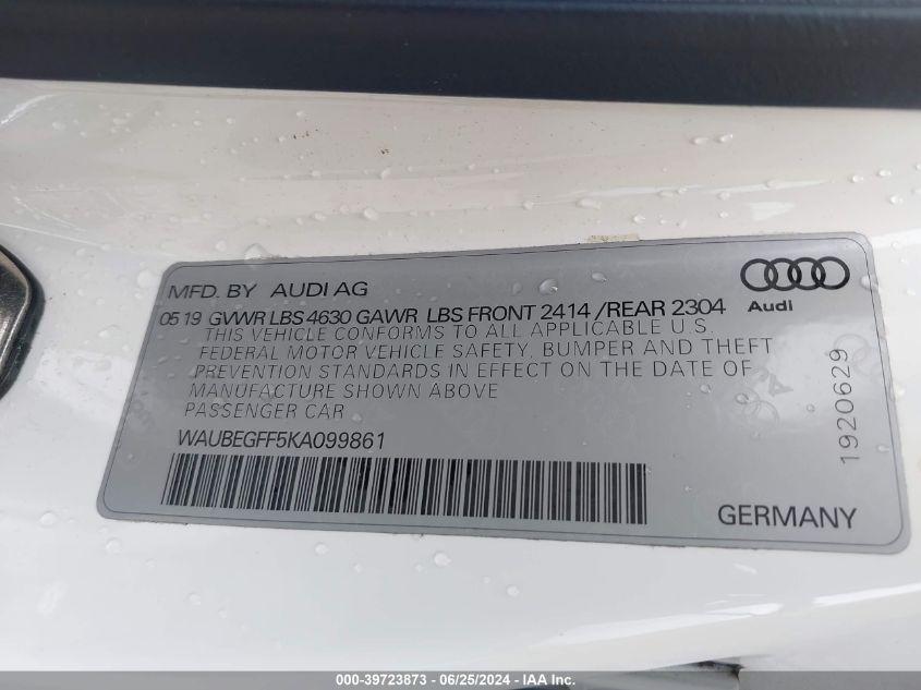 2019 Audi A3 45 Premium VIN: WAUBEGFF5KA099861 Lot: 39723873