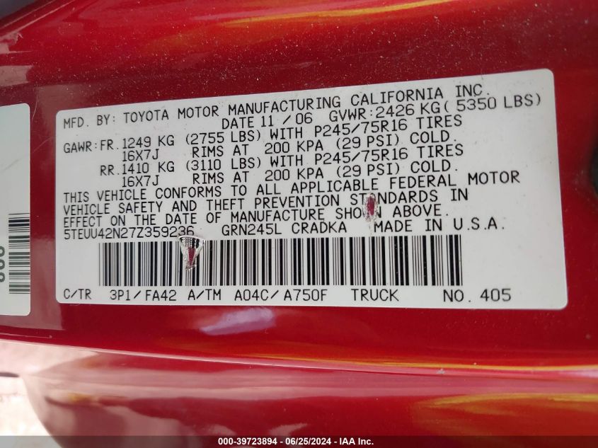 2007 Toyota Tacoma Base V6 VIN: 5TEUU42N27Z359236 Lot: 39723894
