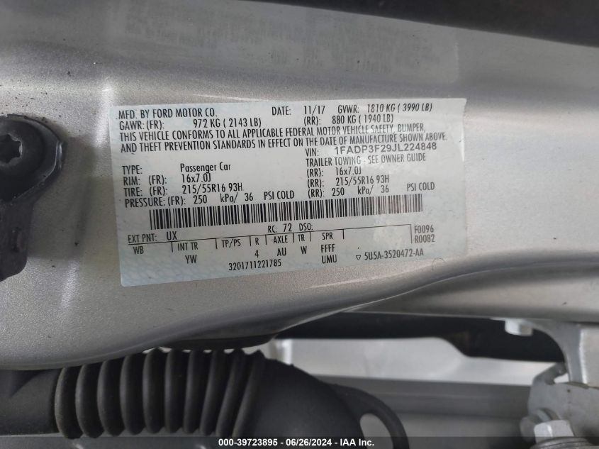 2018 Ford Focus Se VIN: 1FADP3F29JL224848 Lot: 39723895