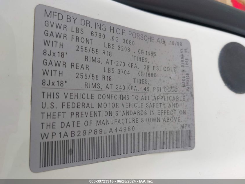 2009 Porsche Cayenne S VIN: WP1AB29P89LA44980 Lot: 39723916