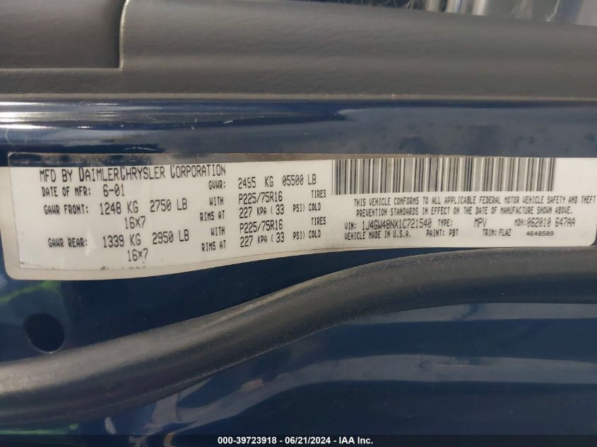 2001 Jeep Grand Cherokee Laredo VIN: 1J4GW48NX1C721540 Lot: 39723918