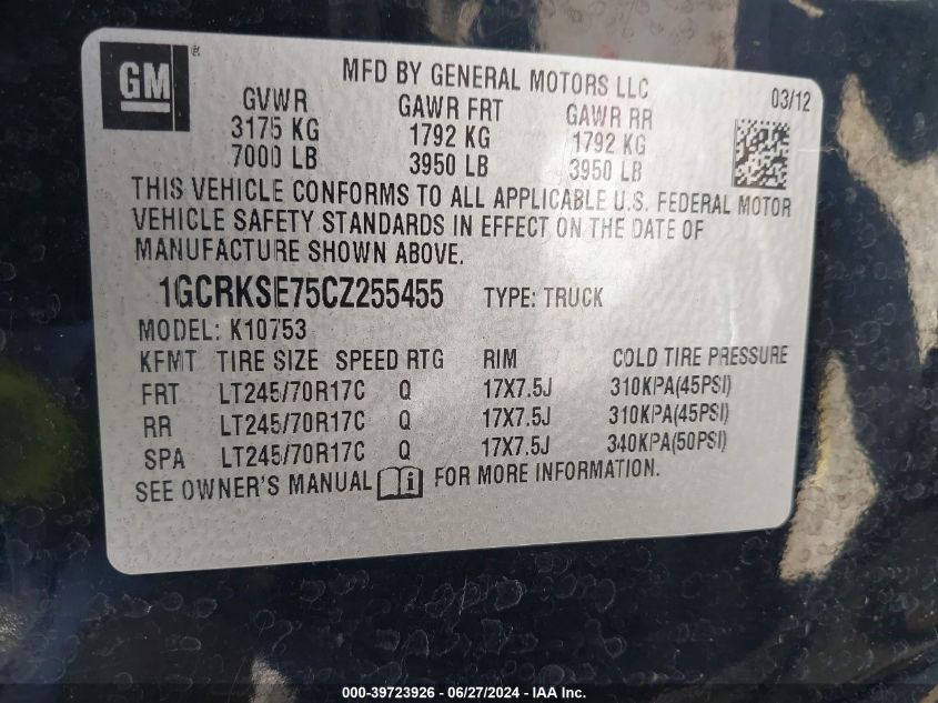 2012 Chevrolet Silverado 1500 Lt VIN: 1GCRKSE75CZ255455 Lot: 39723926
