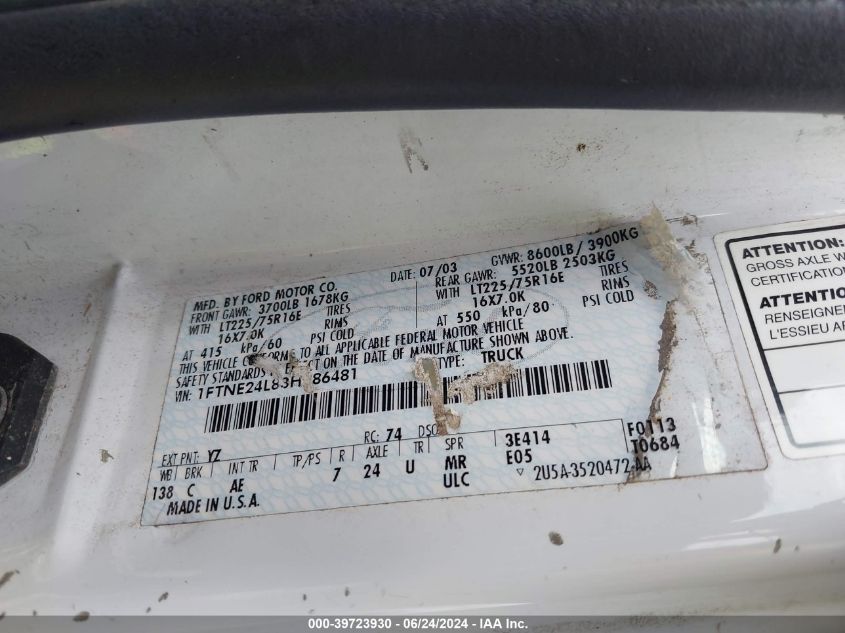 2003 Ford E-250 Commercial/Recreational VIN: 1FTNE24L83HB86481 Lot: 39723930