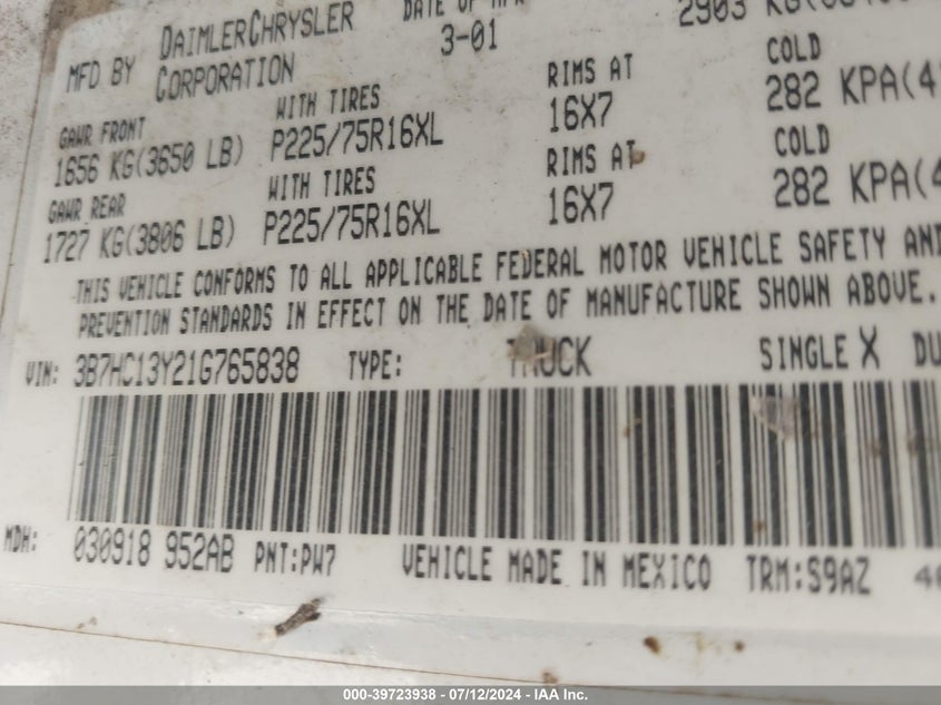 2001 Dodge Ram 1500 St VIN: 3B7HC13Y21G765838 Lot: 39723938