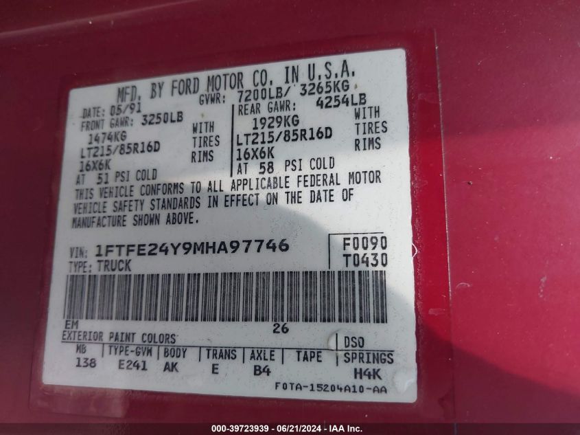 1991 Ford Econoline E250 Van VIN: 1FTFE24Y9MHA97746 Lot: 39723939