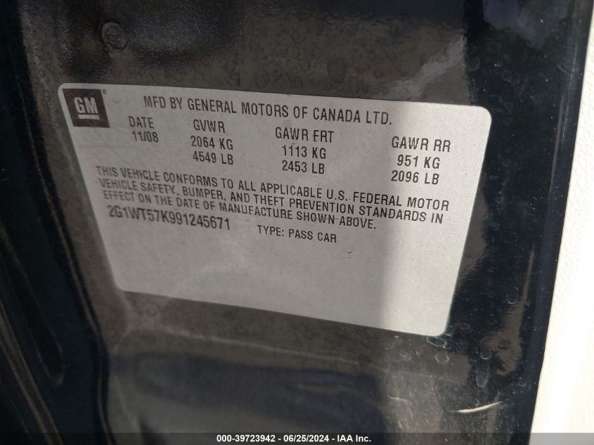 2009 Chevrolet Impala Lt VIN: 2G1WT57K991245671 Lot: 39723942