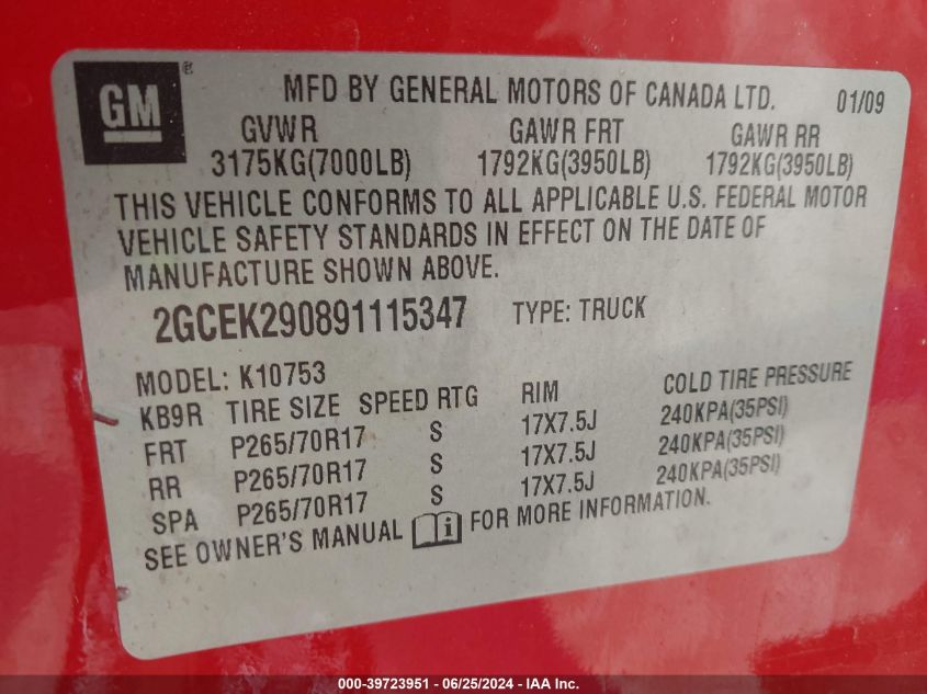 2009 Chevrolet Silverado 1500 Lt VIN: 2GCEK290891115347 Lot: 39723951