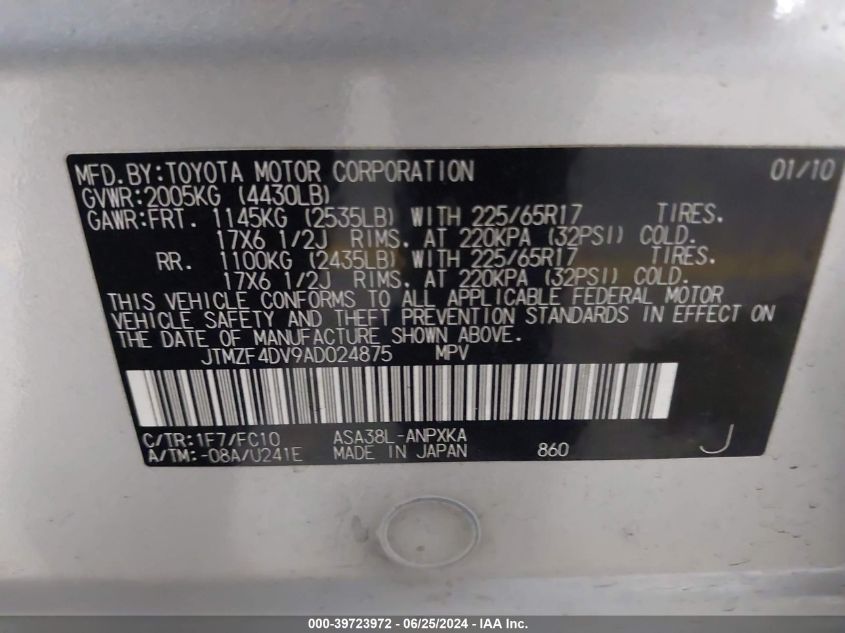 2010 Toyota Rav4 VIN: JTMZF4DV9AD024875 Lot: 39723972