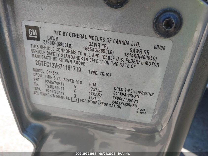 2007 GMC Sierra 1500 Classic Sl VIN: 2GTEC13V671161719 Lot: 39723987