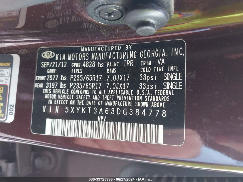 2013 Kia Sorento Lx VIN: 5XYKT3A63DG384778 Lot: 39723996