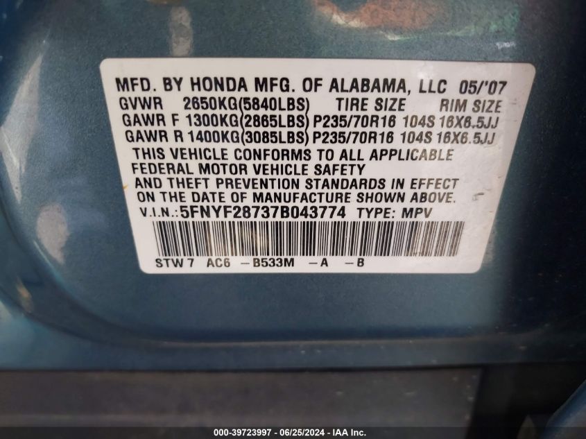 2007 Honda Pilot Exl VIN: 5FNYF28737B043774 Lot: 39723997