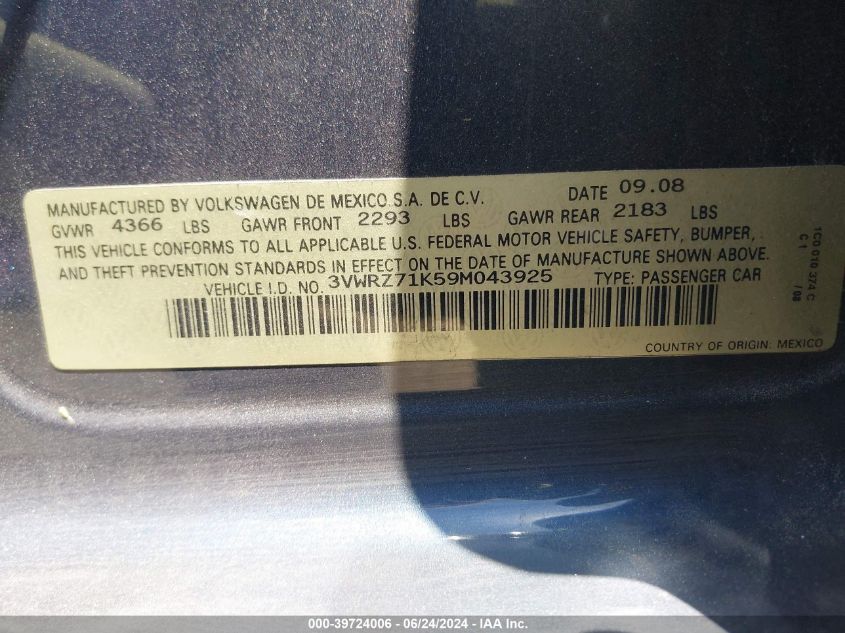 2009 Volkswagen Jetta Se/Sel VIN: 3VWRZ71K59M043925 Lot: 39724006