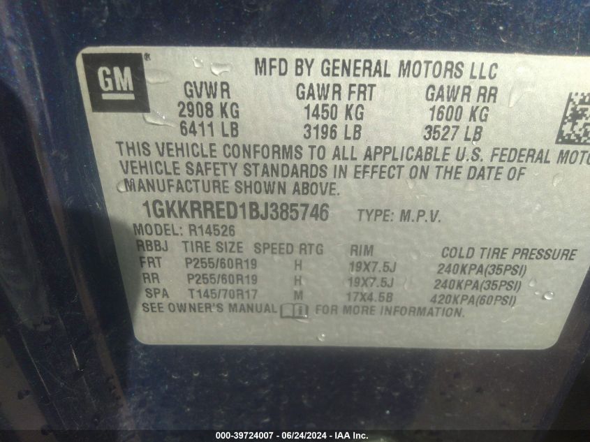 2011 GMC Acadia Slt-1 VIN: 1GKKRRED1BJ385746 Lot: 39724007