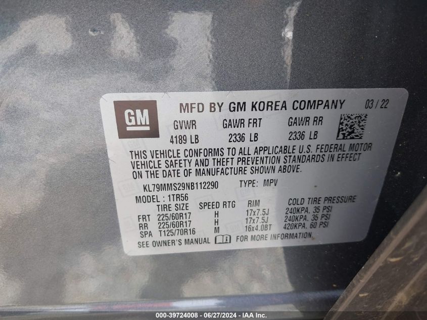2022 Chevrolet Trailblazer Fwd Ls VIN: KL79MMS29NB112290 Lot: 39724008