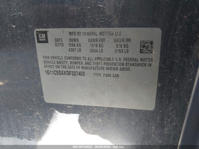 2013 Chevrolet Malibu 1Lt VIN: 1G11C5SAXDF337463 Lot: 39724023