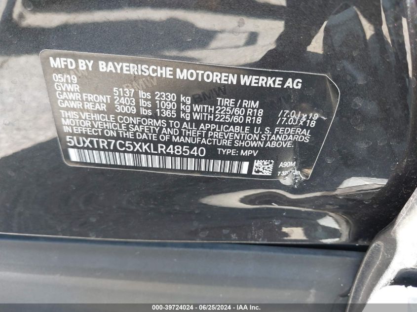 2019 BMW X3 Sdrive30I VIN: 5UXTR7C5XKLR48540 Lot: 39724024