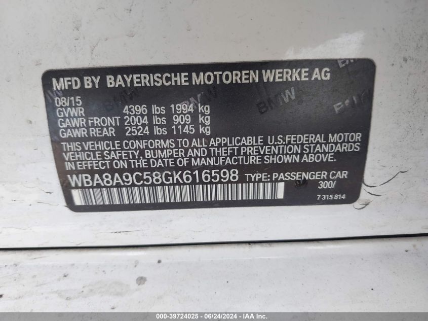 2016 BMW 320I VIN: WBA8A9C58GK616598 Lot: 39724025