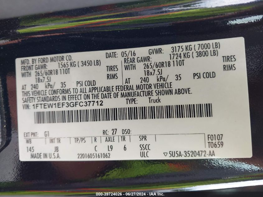 2016 Ford F-150 Supercrew VIN: 1FTEW1EF3GFC37712 Lot: 39724026