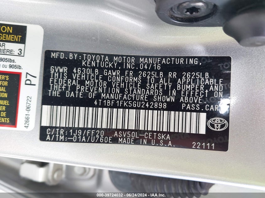 2016 Toyota Camry Se VIN: 4T1BF1FK5GU242898 Lot: 39724032