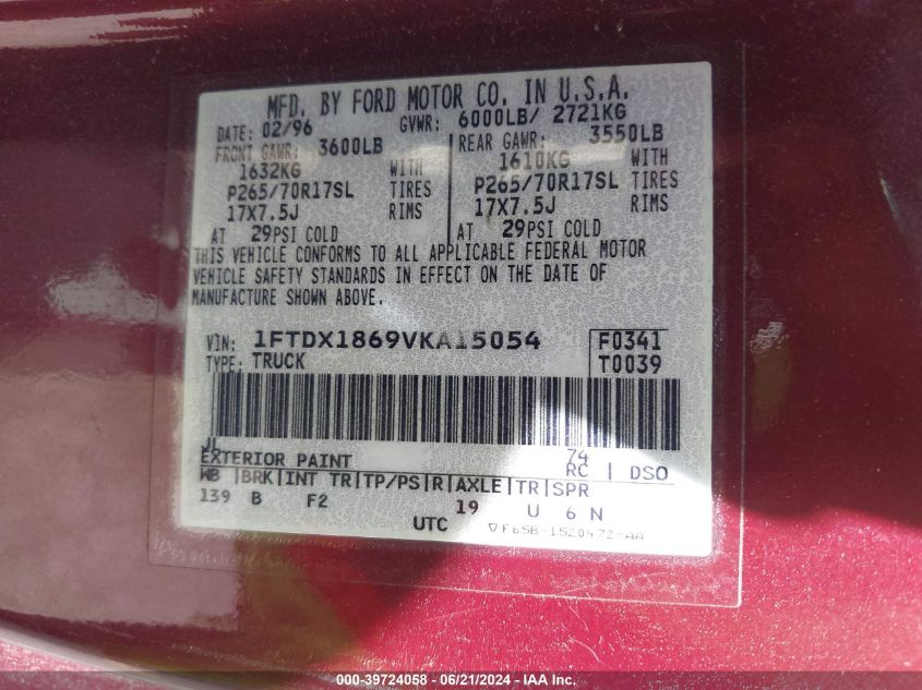1997 Ford F-150 Lariat/Xl/Xlt VIN: 1FTDX1869VKA15054 Lot: 39724058