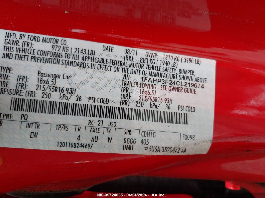 2012 Ford Focus Se VIN: 1FAHP3F24CL219674 Lot: 39724065