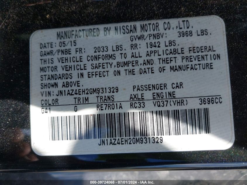 2016 Nissan 370Z VIN: JN1AZ4EH2GM931329 Lot: 39724068