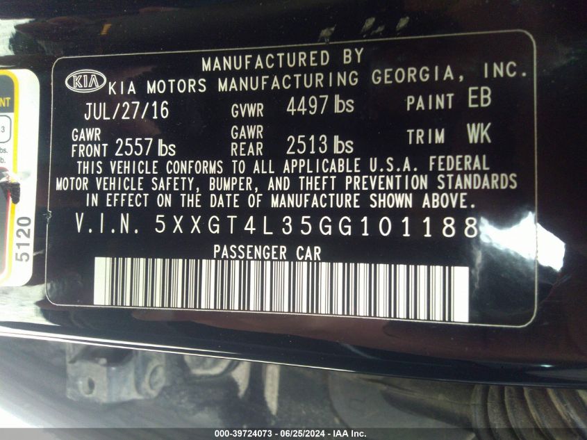 2016 Kia Optima Lx VIN: 5XXGT4L35GG101188 Lot: 39724073