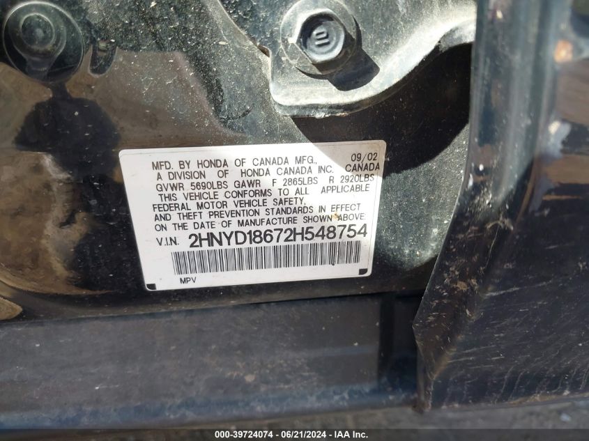 2002 Acura Mdx VIN: 2HNYD18672H548754 Lot: 39724074
