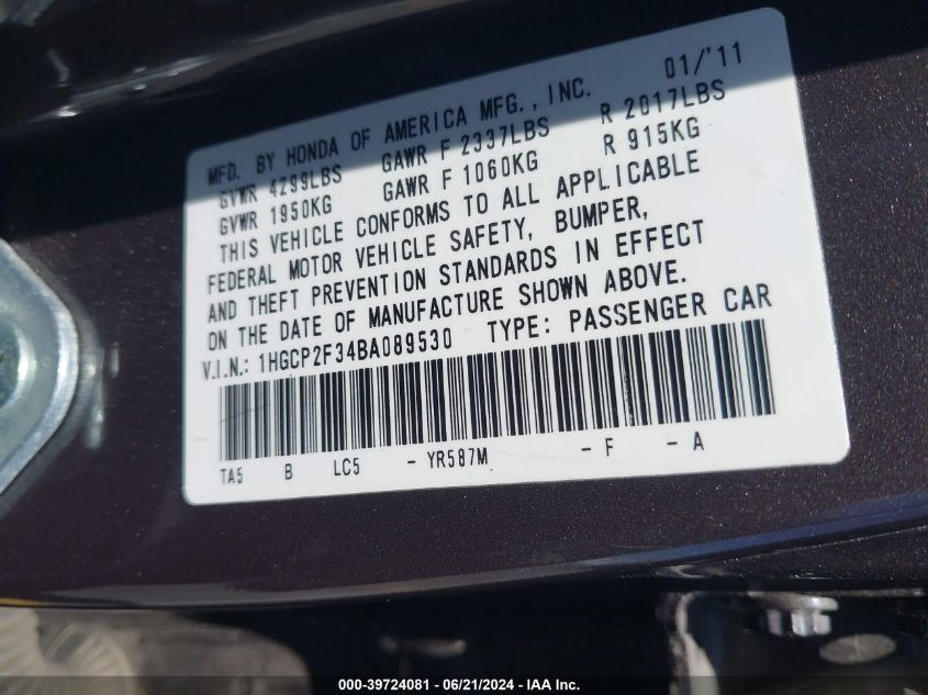 2011 Honda Accord 2.4 Lx VIN: 1HGCP2F34BA089530 Lot: 39724081