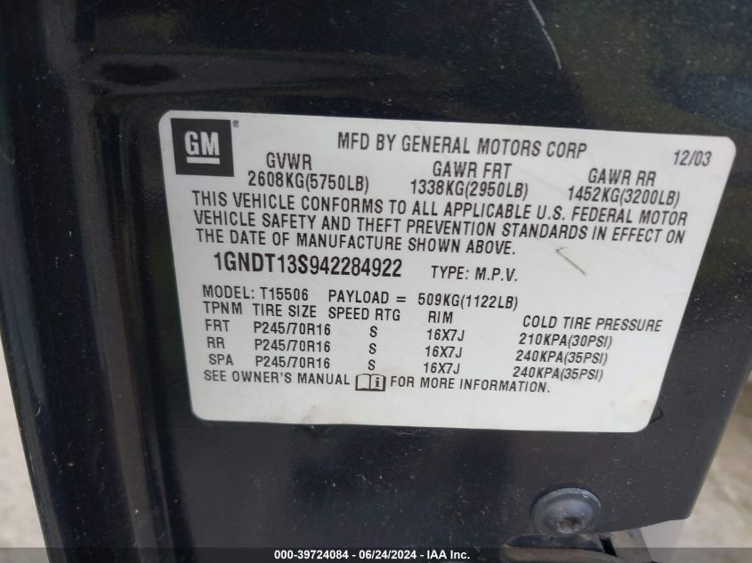 2004 Chevrolet Trailblazer Ls VIN: 1GNDT13S942284922 Lot: 39724084