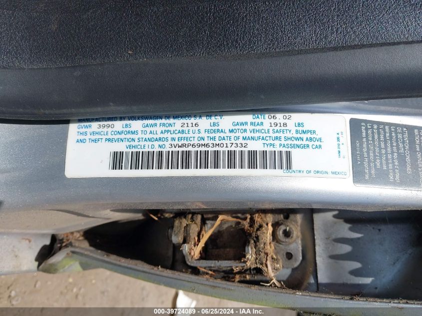 2003 Volkswagen Jetta Gl Tdi VIN: 3VWRP69M63M017332 Lot: 39724089
