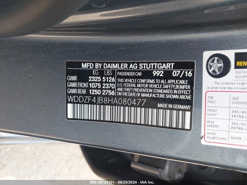 2017 Mercedes-Benz E 300 VIN: WDDZF4JB8HA080477 Lot: 39724101