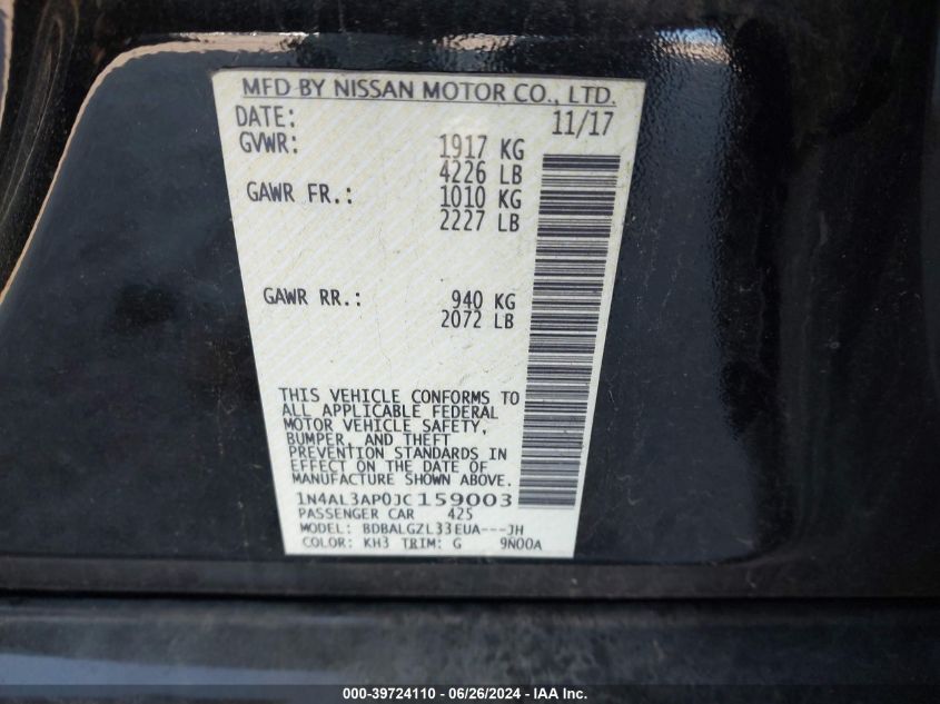 2018 Nissan Altima 2.5 S VIN: 1N4AL3AP0JC159003 Lot: 39724110