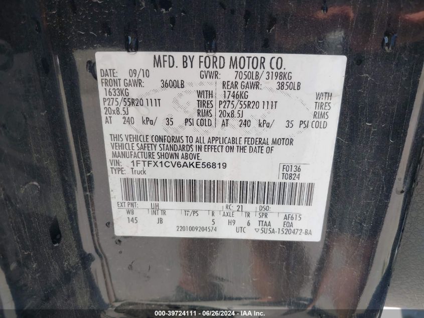 2010 Ford F-150 Fx2 Sport/Lariat/Xl/Xlt VIN: 1FTFX1CV6AKE56819 Lot: 39724111