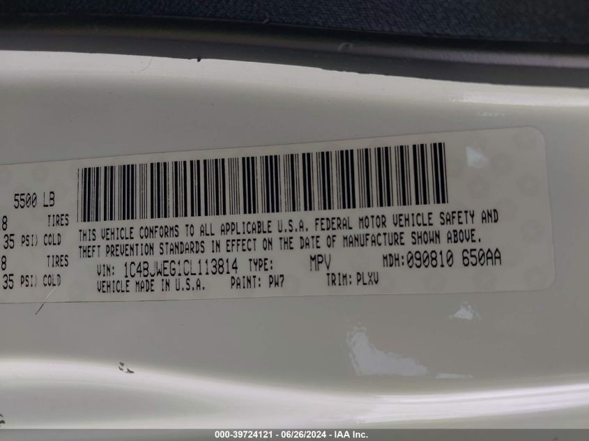 2012 Jeep Wrangler Unlimited Sahara VIN: 1C4BJWEG1CL113814 Lot: 39724121