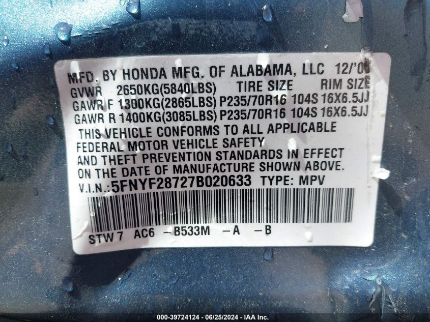 2007 Honda Pilot Ex-L VIN: 5FNYF28727B020633 Lot: 39724124